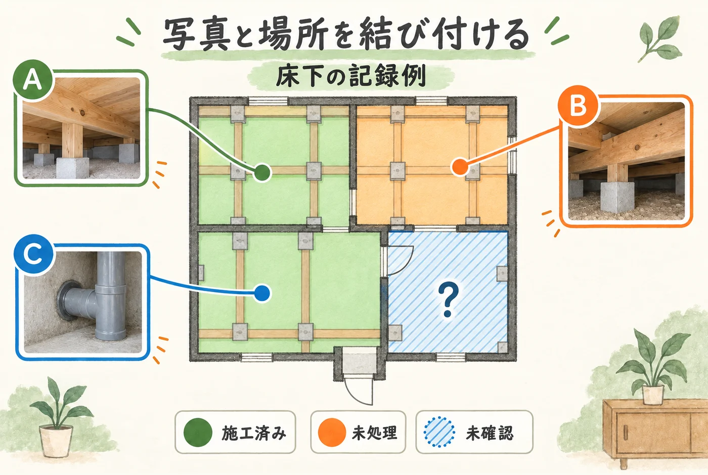 施工写真と間取りの照合を説明する図解