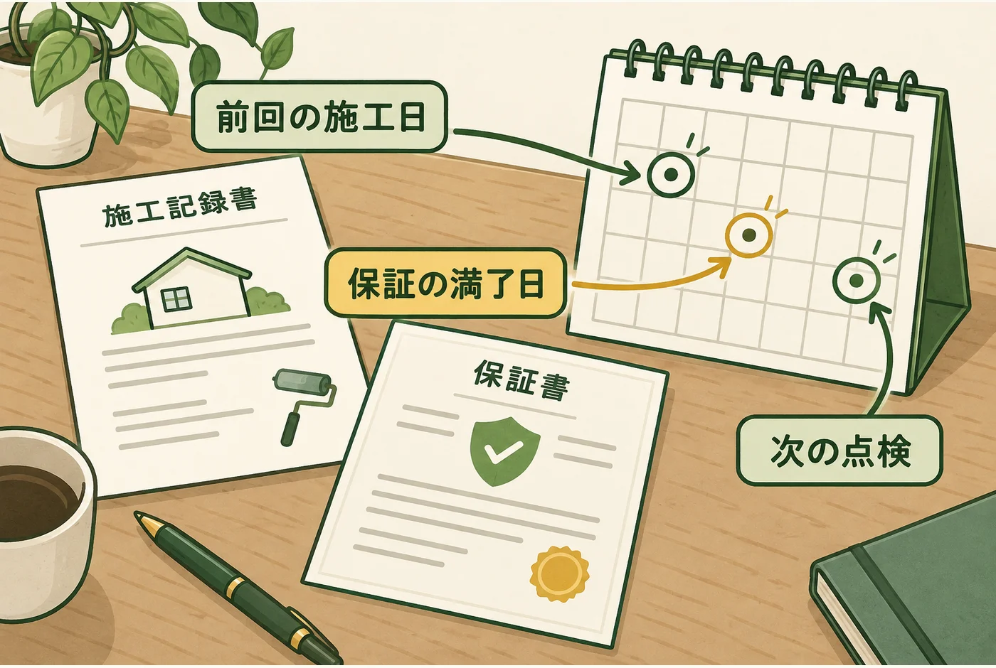 施工日と保証満了日を工事書類で別々に確認する図