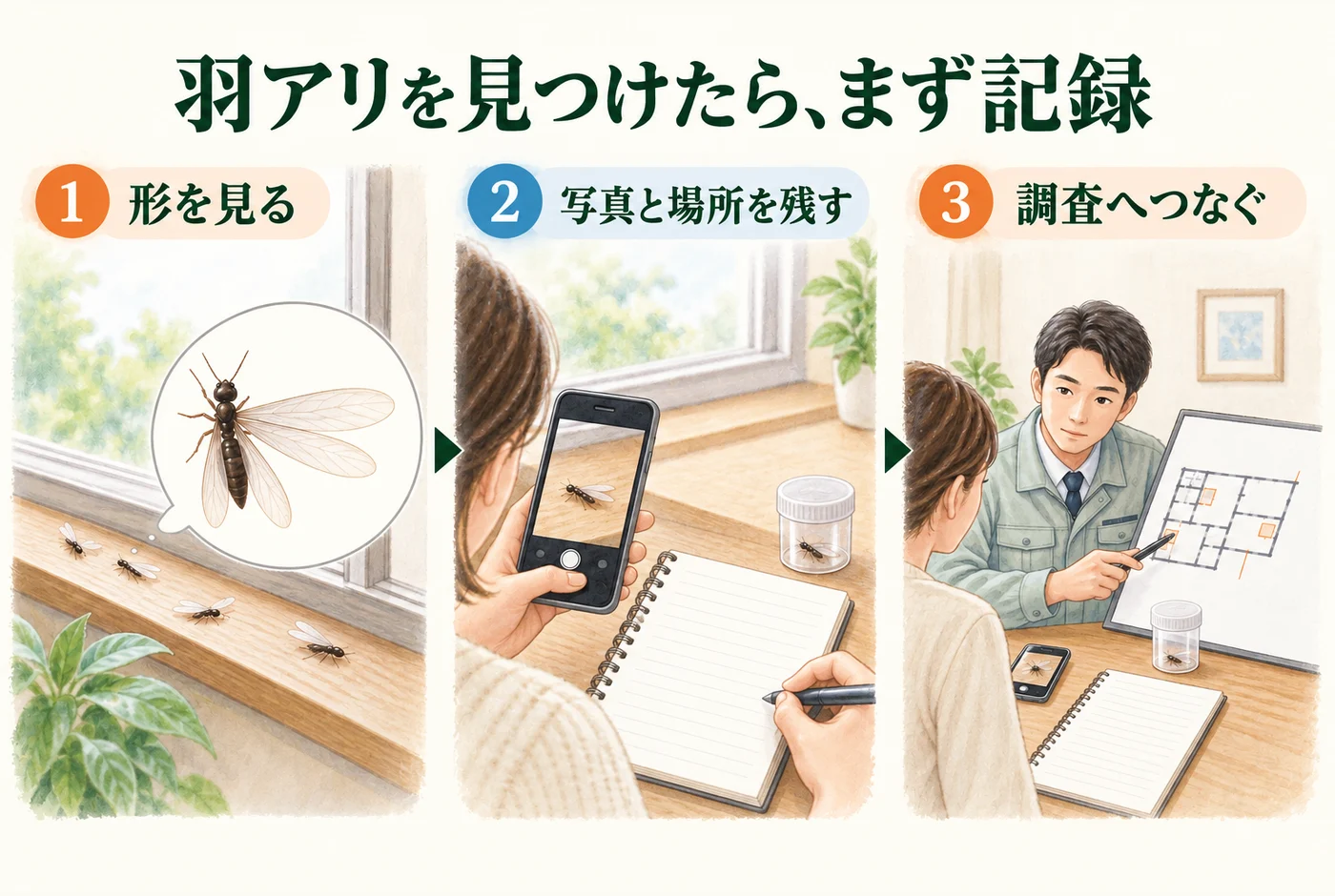 羽アリの体の特徴を比べ、写真と発生場所を記録して調査へつなげる図