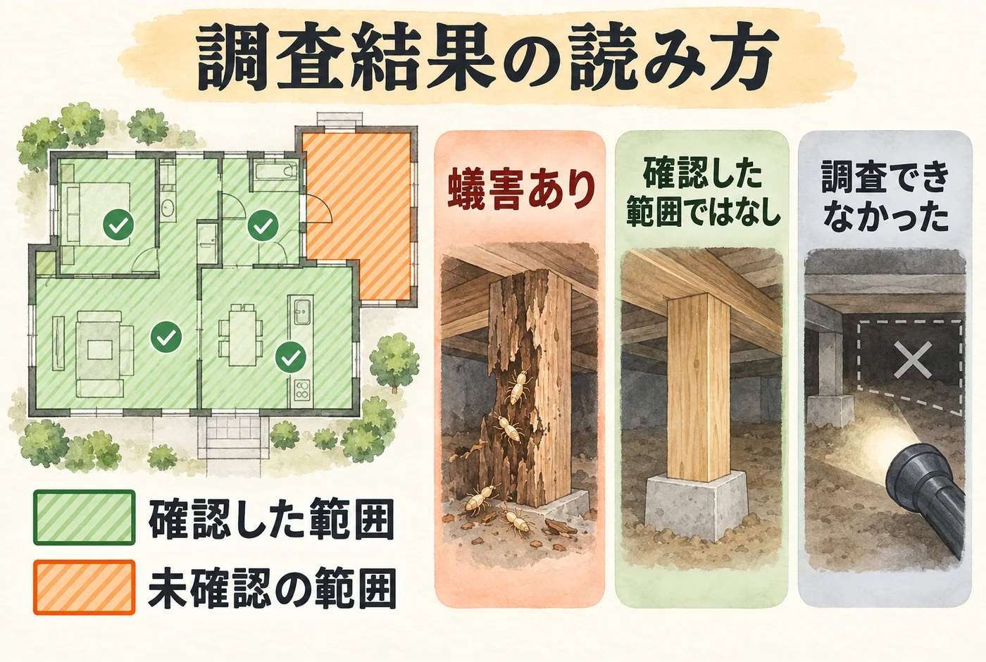 床下の確認した区域と未確認区域、報告書の有・無・調査できなかったの違い