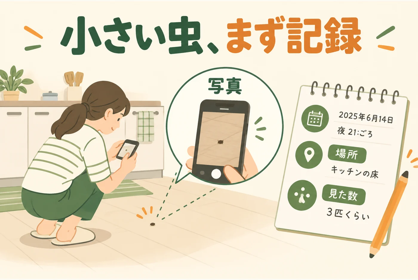 小さい虫の写真と発見した場所・数を記録する例