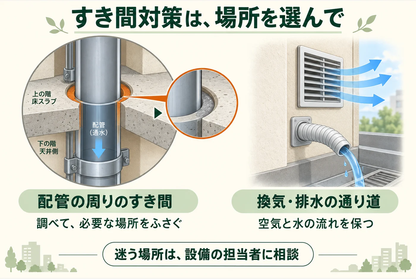 調べて対策する配管周囲のすき間と、空気や水の流れを保つ換気・排水設備を対比した断面図