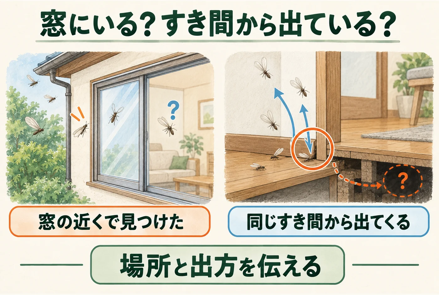 窓際にいる虫と、室内の一定の場所から出てくる虫を記録で分ける図
