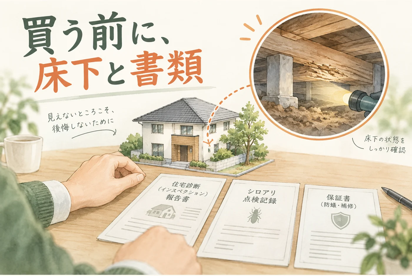 中古住宅の床下の状態と、点検・施工・保証の書類を照合するイメージ