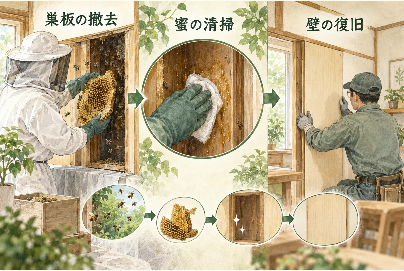 巣板を取り出す担当者、蜜の清掃、壁の復旧という作業の流れ