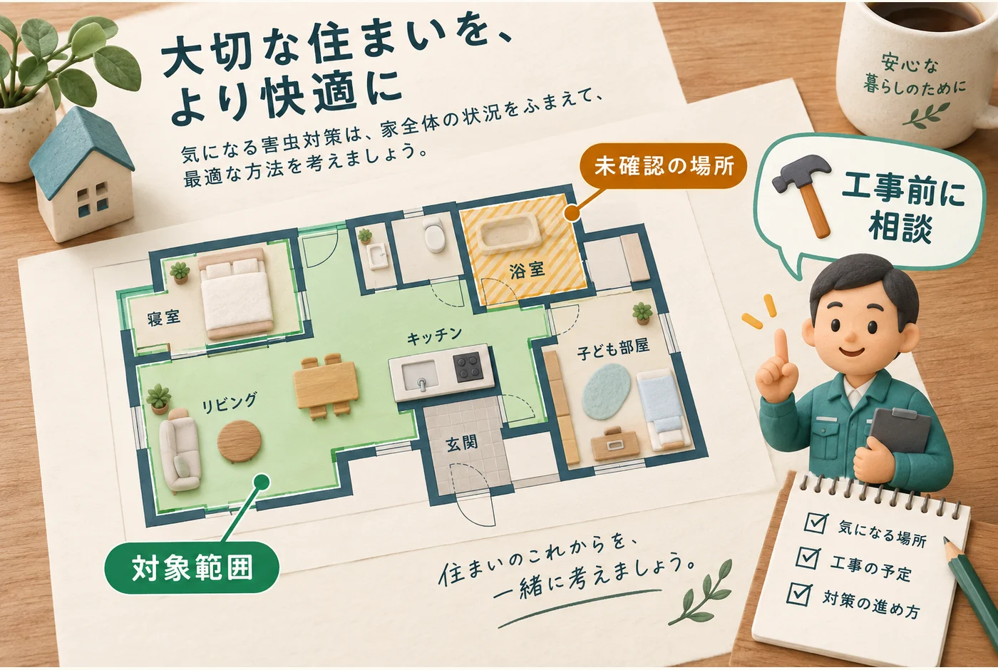保証の対象範囲と未確認箇所を図面に記し、工事前に相談する図