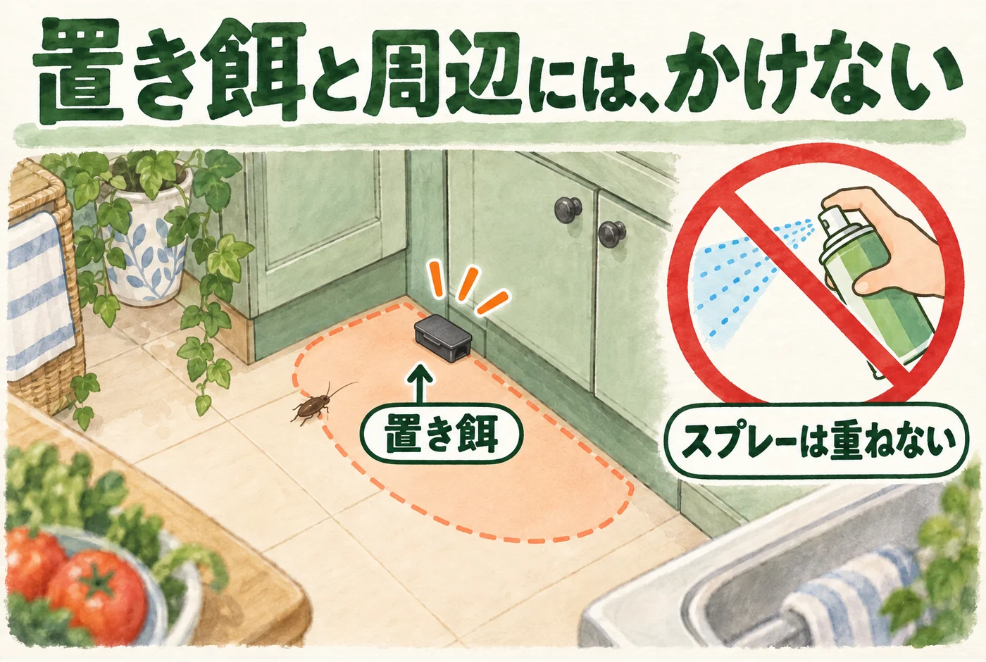 置き餌へ向けたスプレーを禁止マークで示す図