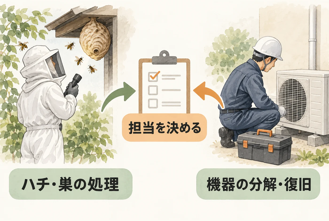 ハチと巣の処理をする担当と、室外機の分解・復旧をする担当の分担