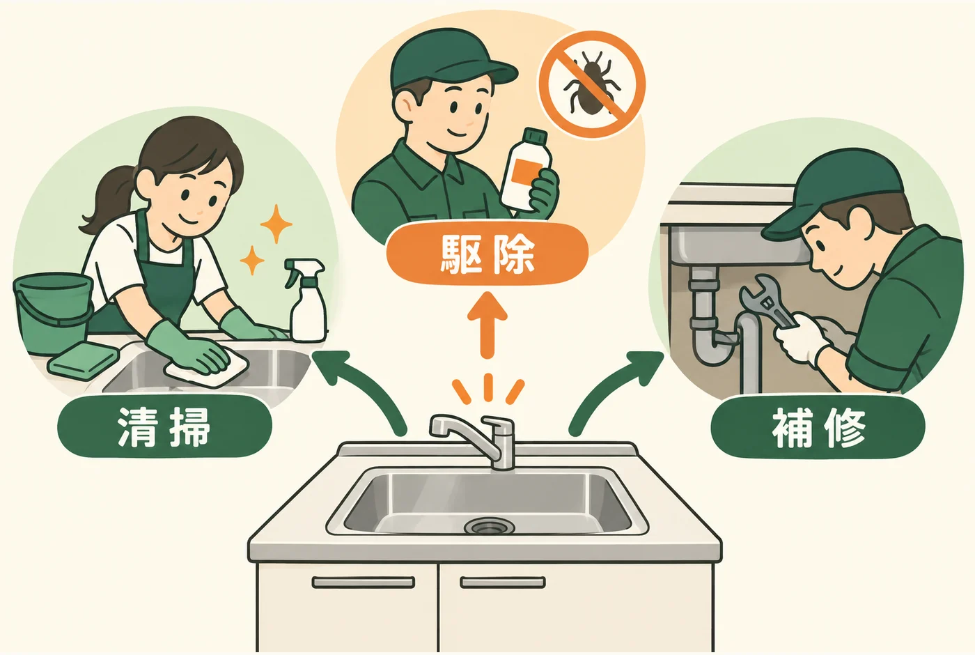 清掃、駆除、補修をそれぞれの担当へ分ける