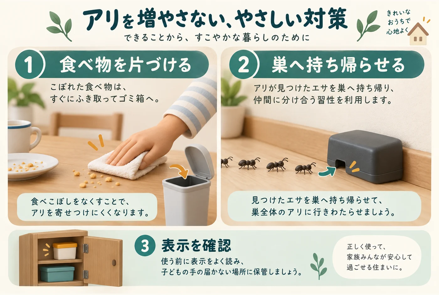 食品を片づける対策と、毒餌を巣へ持ち帰らせる対策を分ける図