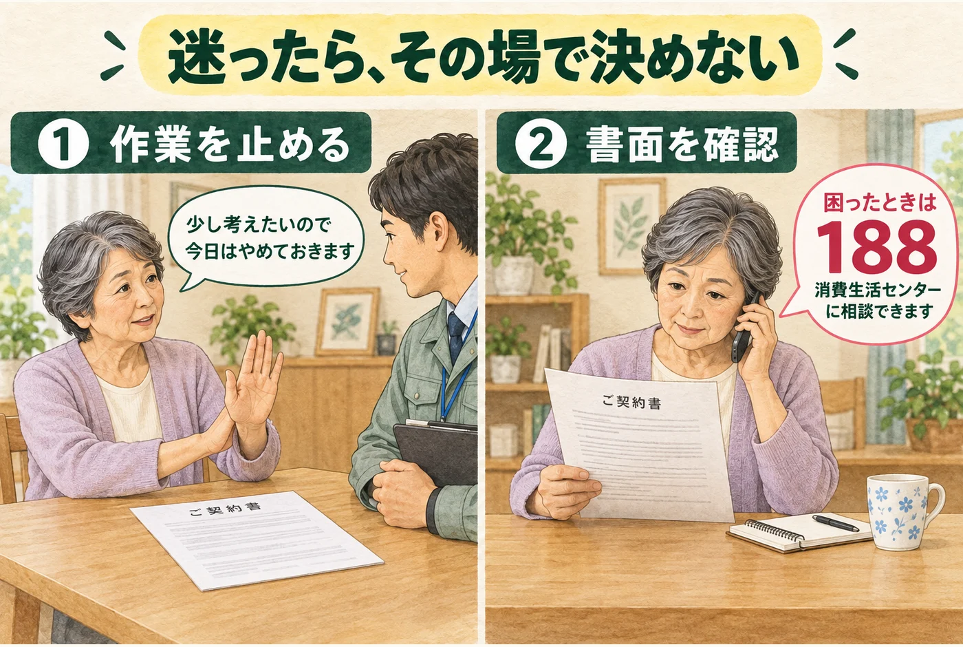 いったん作業を待ってもらい、書面を確認して相談する図
