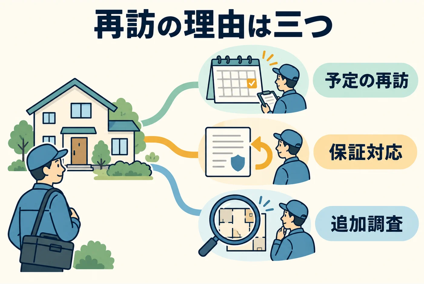 予定の再訪と保証対応と追加調査を区別する