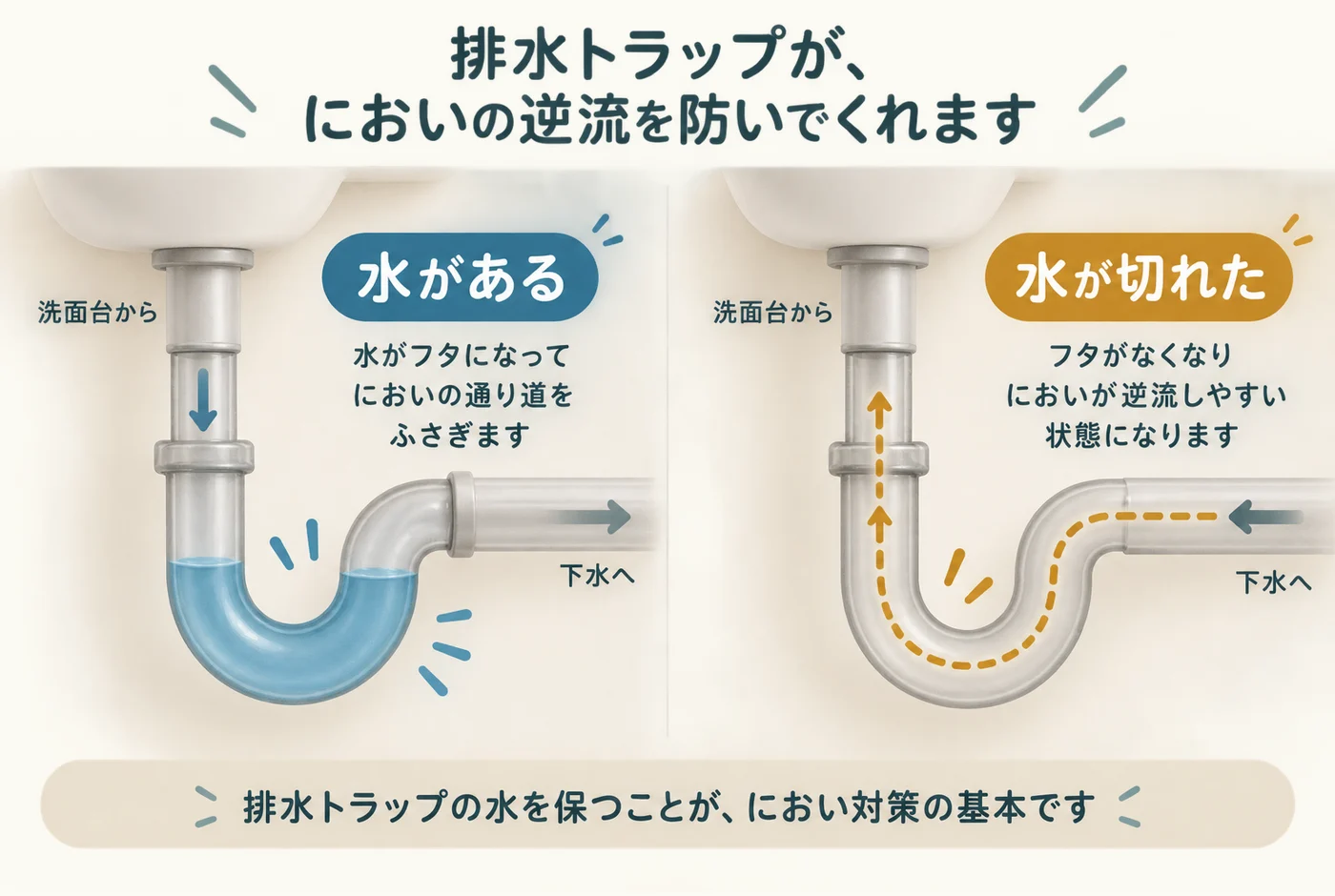 曲がった管に水がある状態と、水が切れた状態の模式図