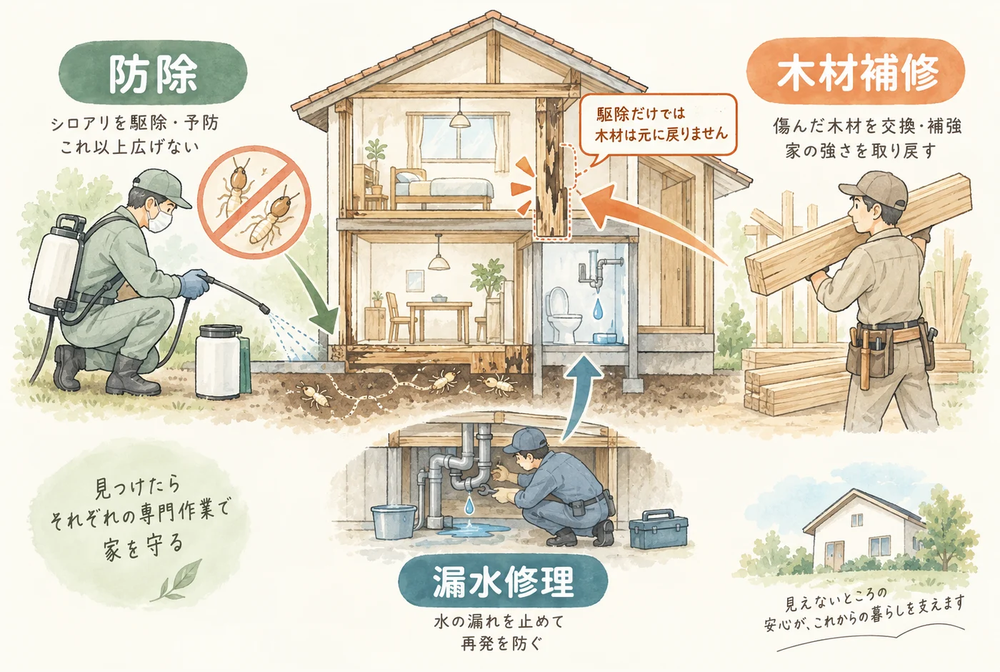 シロアリ防除、傷んだ木材の補修、漏水修理を分けて考える住宅断面図