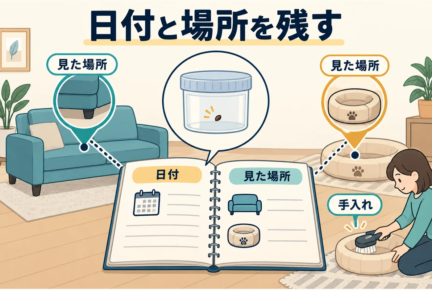 施工後に見つけた虫の場所と日付を残す