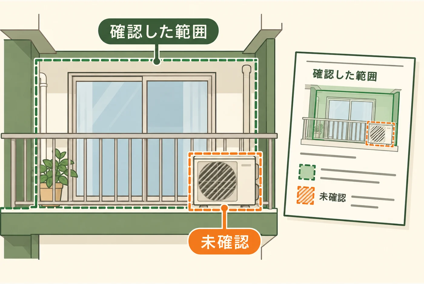 調査した場所と未確認箇所を報告書に残す