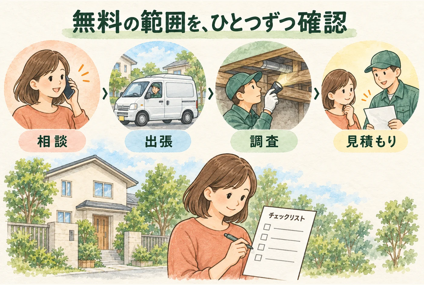 相談から出張、調査、見積もりまでを分けて確かめる図