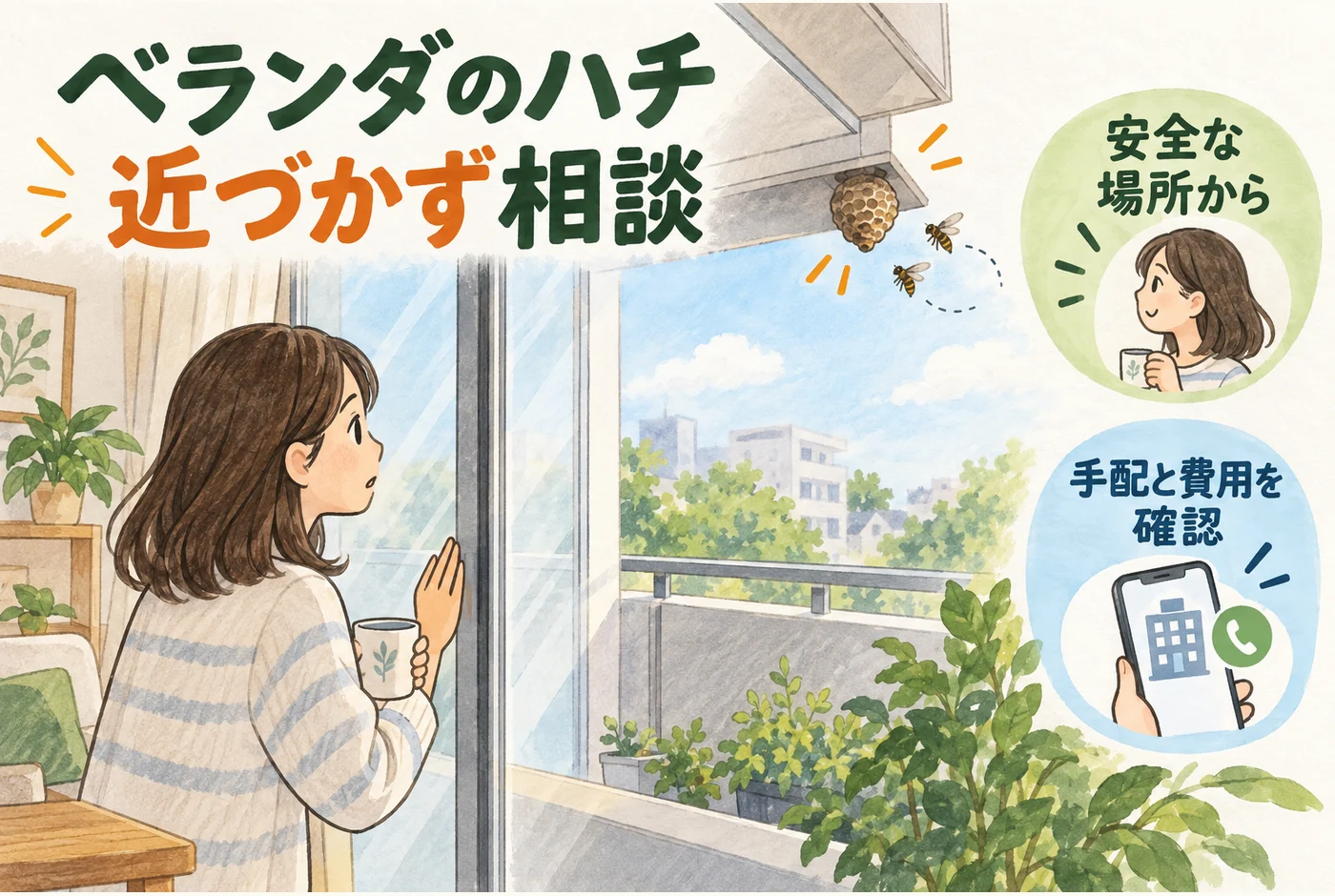 賃貸ベランダのハチを説明する図解