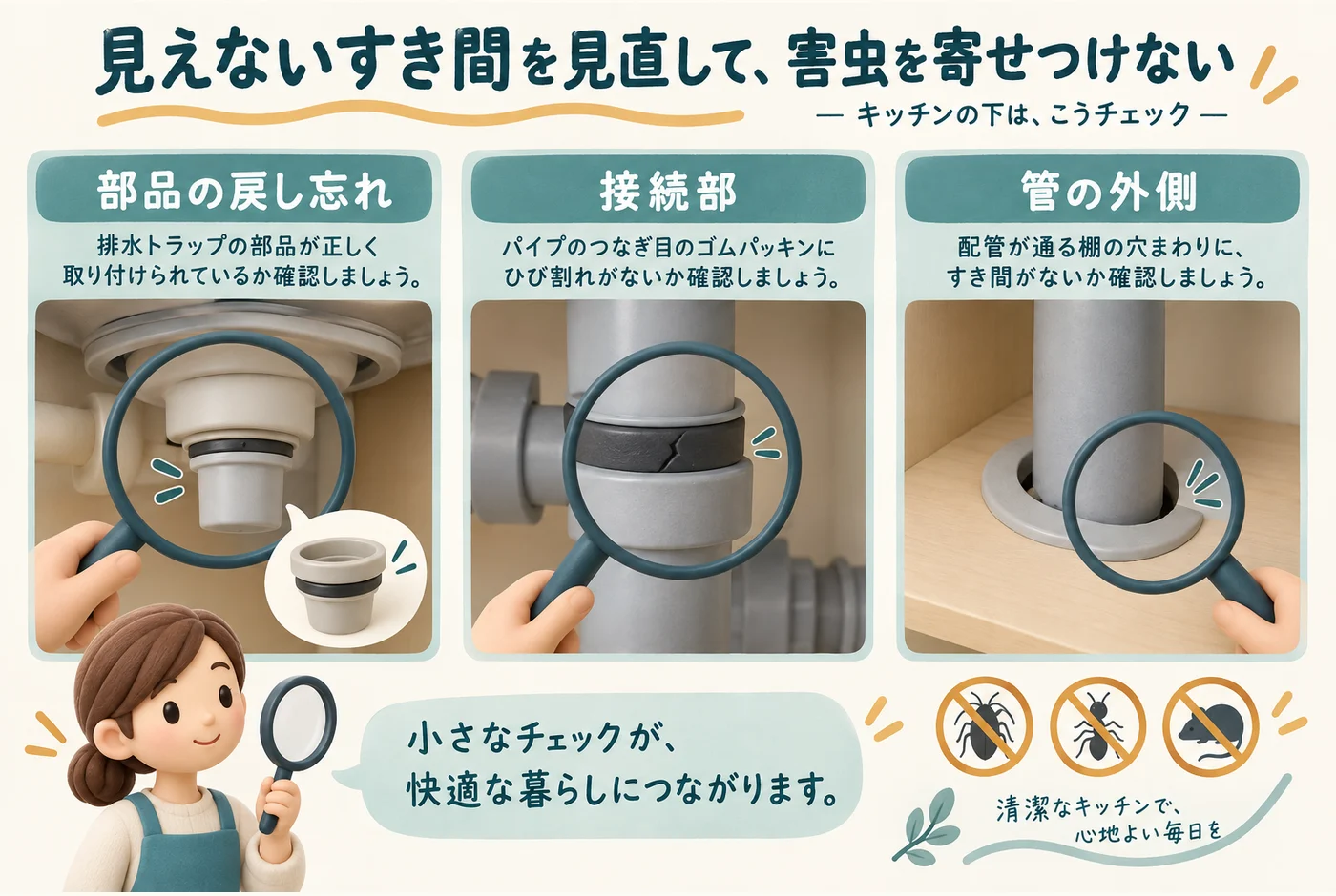 排水部品、配管の接続部、管が床を通る外側を区別した図