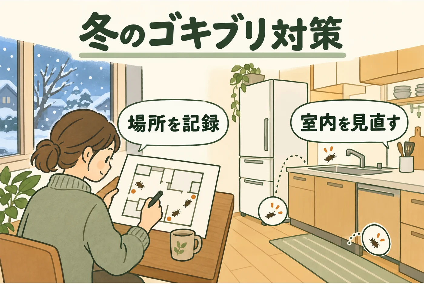 冬の室内の暖かい場所と発見記録を見直す図
