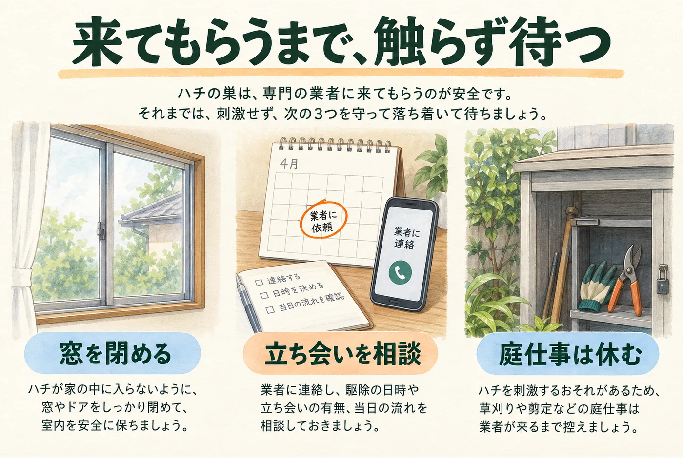 離れた場所で連絡を取り、作業後も担当者の説明を受けてから近づく図