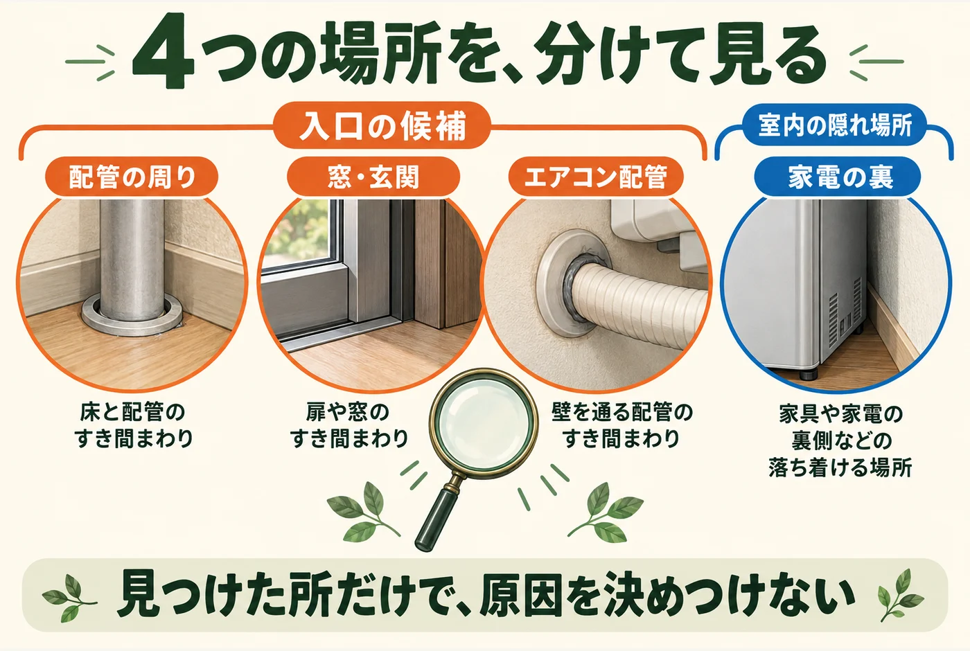 配管の周り、窓と玄関、エアコン配管、家電の裏を、侵入口の候補と隠れ場所に分けた4つの観察図