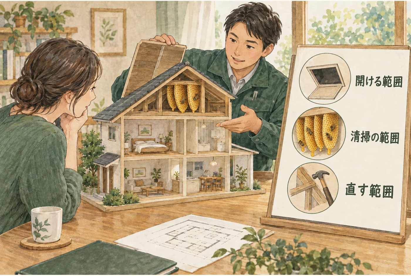 建物の断面図と見積書で、開口、清掃、復旧の範囲を対応させる図