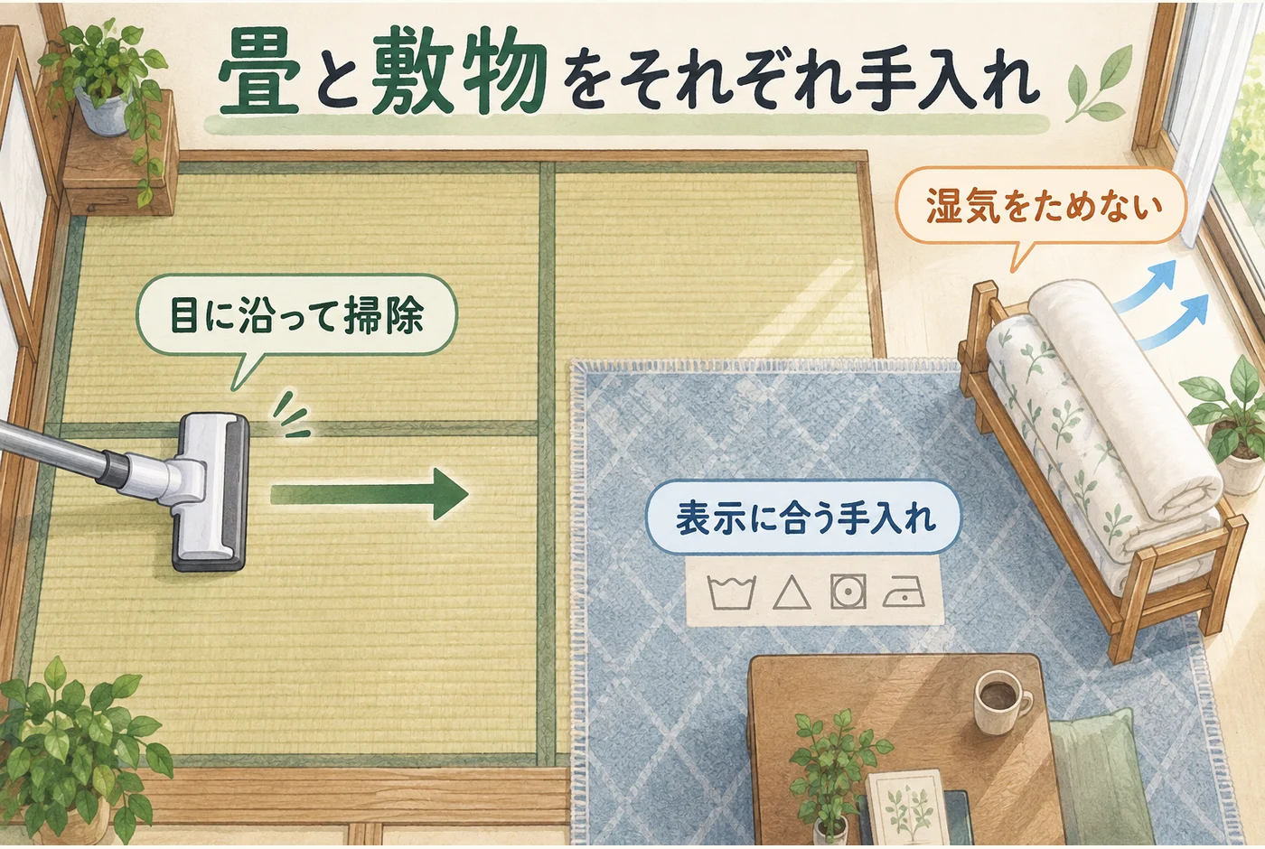 畳の目に沿う掃除と敷物の手入れ