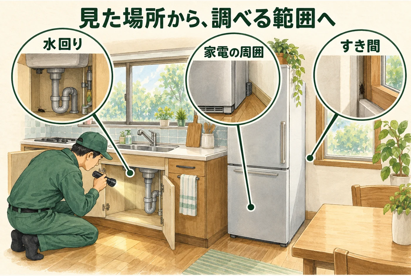 水回り、家電の周囲、すき間へ調査範囲を広げる図