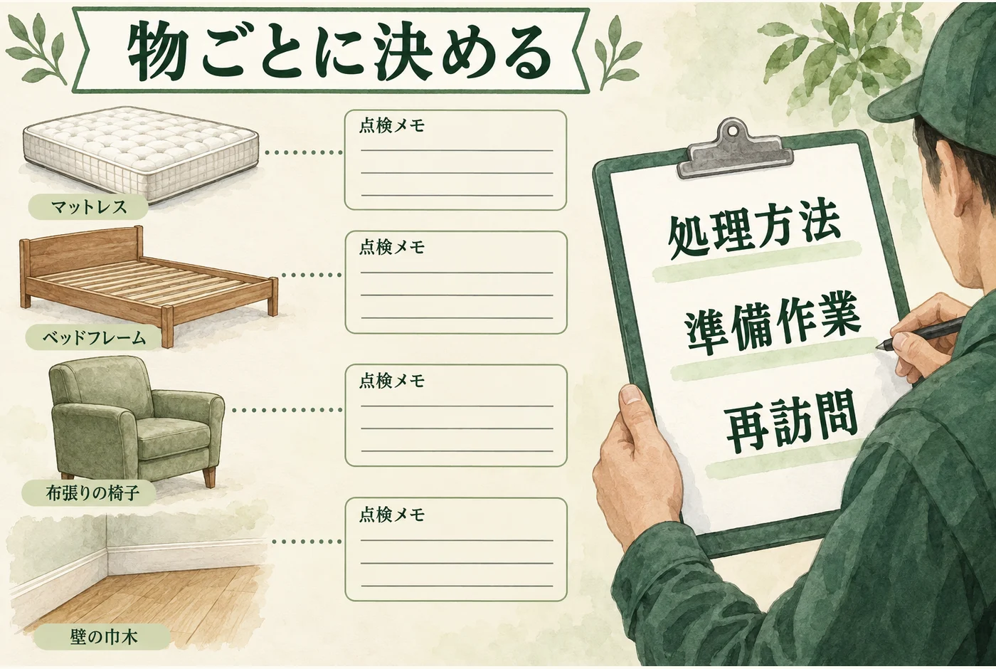 ベッド、布張り家具、壁際ごとに処理方法、準備作業、再訪問を確認する図
