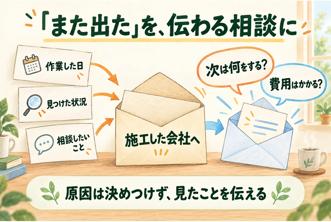 施工した日、再び見つけた状況、希望する対応を相談文にまとめ、次の対応と費用を聞く図
