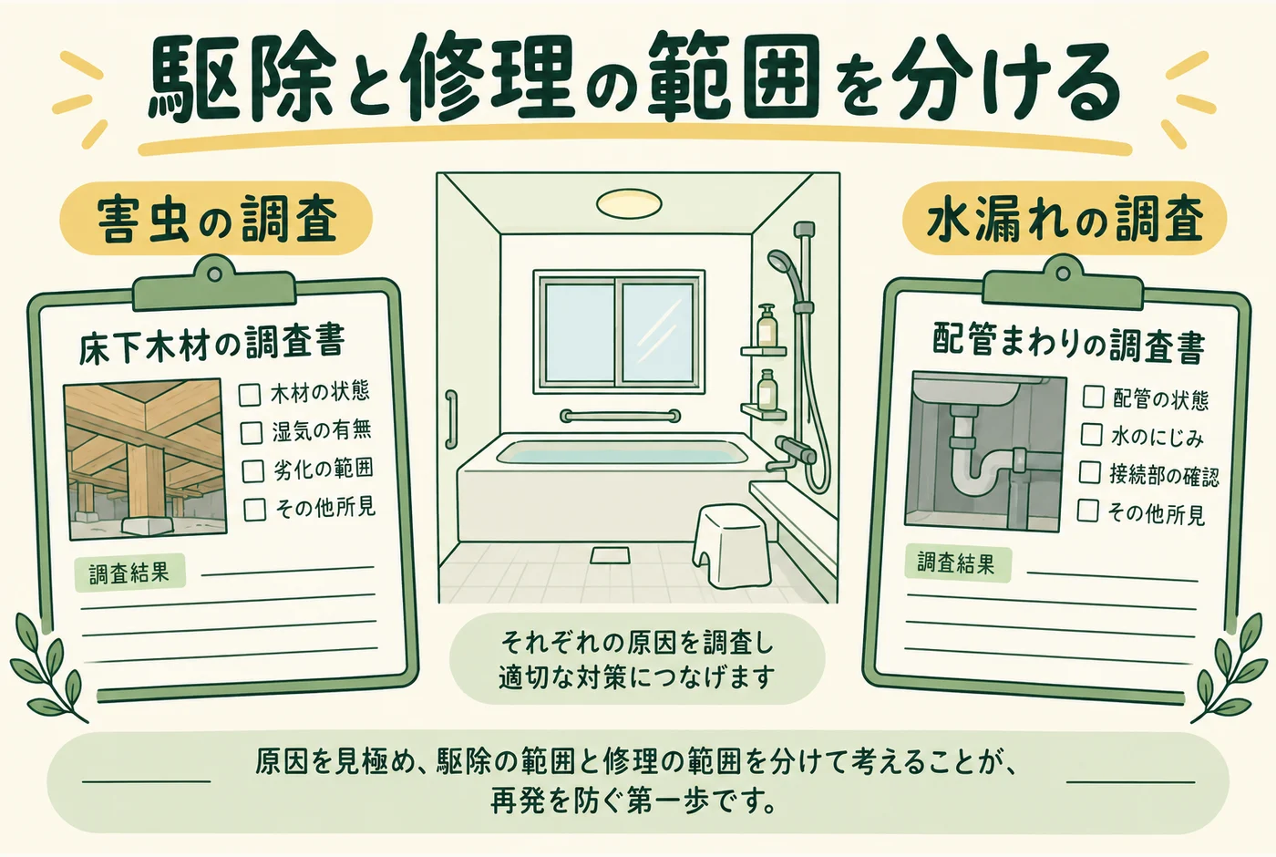 浴室の虫と水漏れを分けて確認を説明する図解