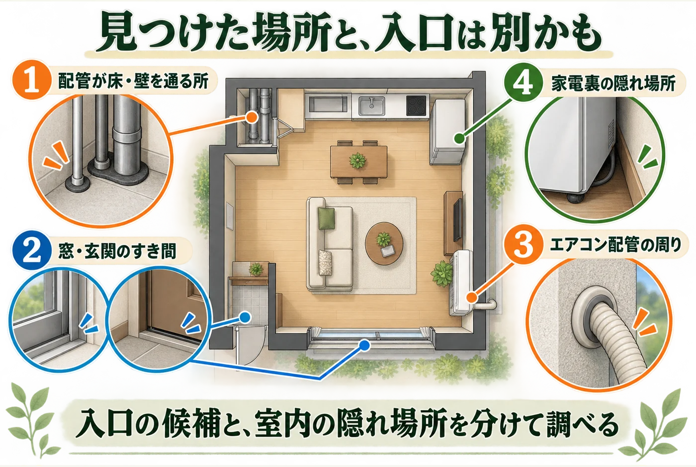 真上から見た間取り図に、配管の周り、窓と玄関、エアコン配管、家電裏の4か所を示した図