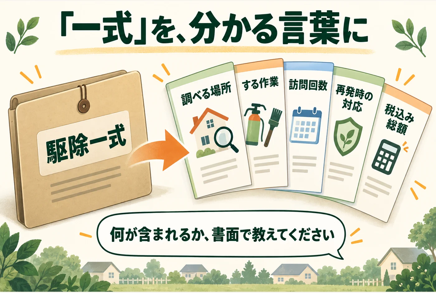 駆除一式という見積書の表現を、調べる場所、する作業、訪問回数、再発時の対応、総額に分けて説明してもらう図