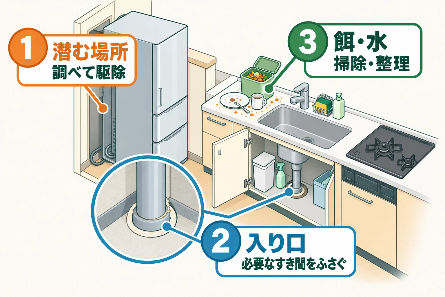 キッチンの説明図。1は冷蔵庫の裏などの潜む場所を調べて駆除。2は配管の外周などの入り口を調べ、必要なすき間をふさぐ。3は食器や生ごみを掃除・整理して餌や水を減らす。