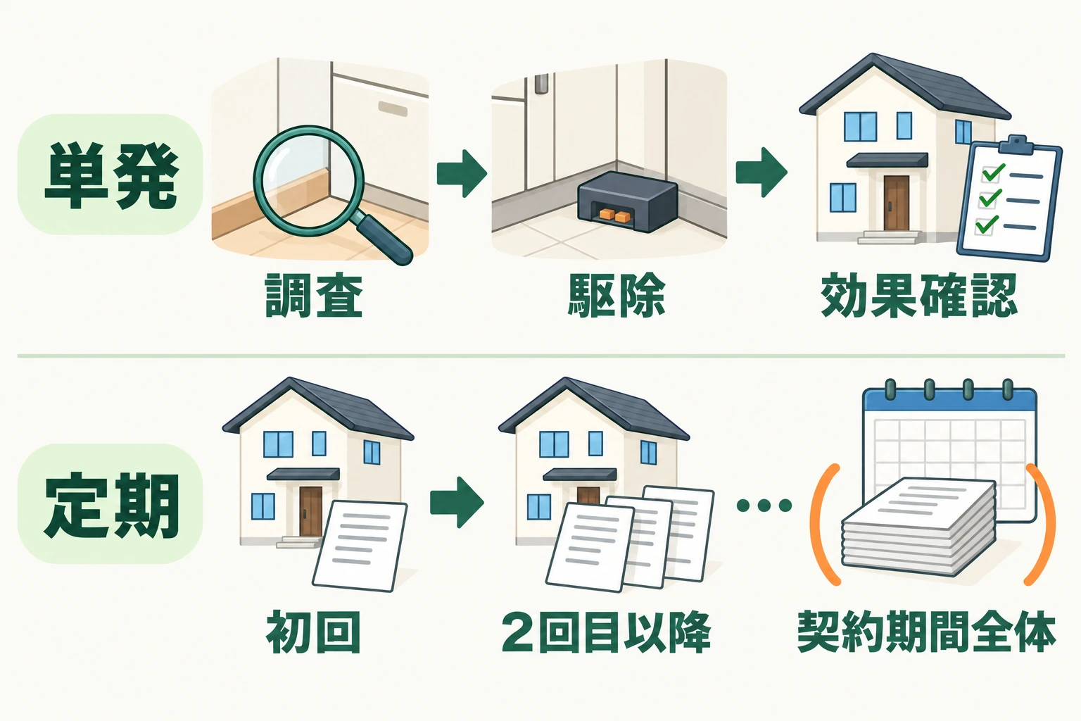 単発は調査、駆除、効果確認という仕事の流れ。定期は初回から2回目以降も作業と費用が続くため、契約期間全体で考える図。単発を訪問1回と示すものではありません。