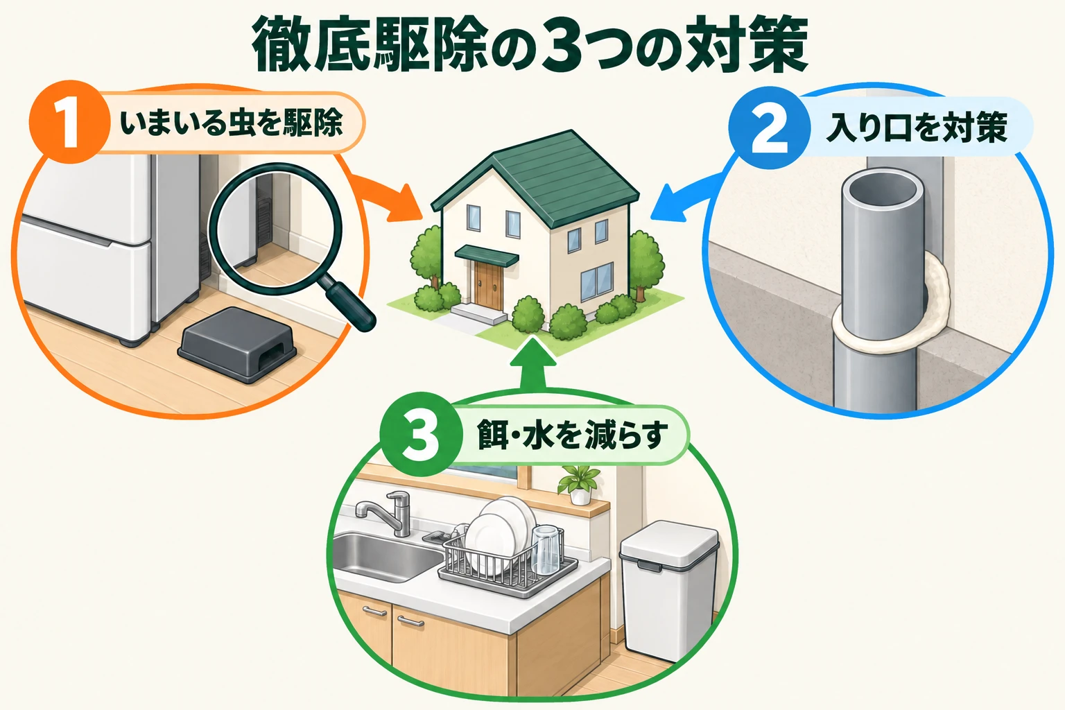 潜んでいる虫には調査・駆除、入ってくる道には必要なすき間対策、餌・水・隠れ場所には掃除・整理。再発を防ぐ3つの視点を示す図解