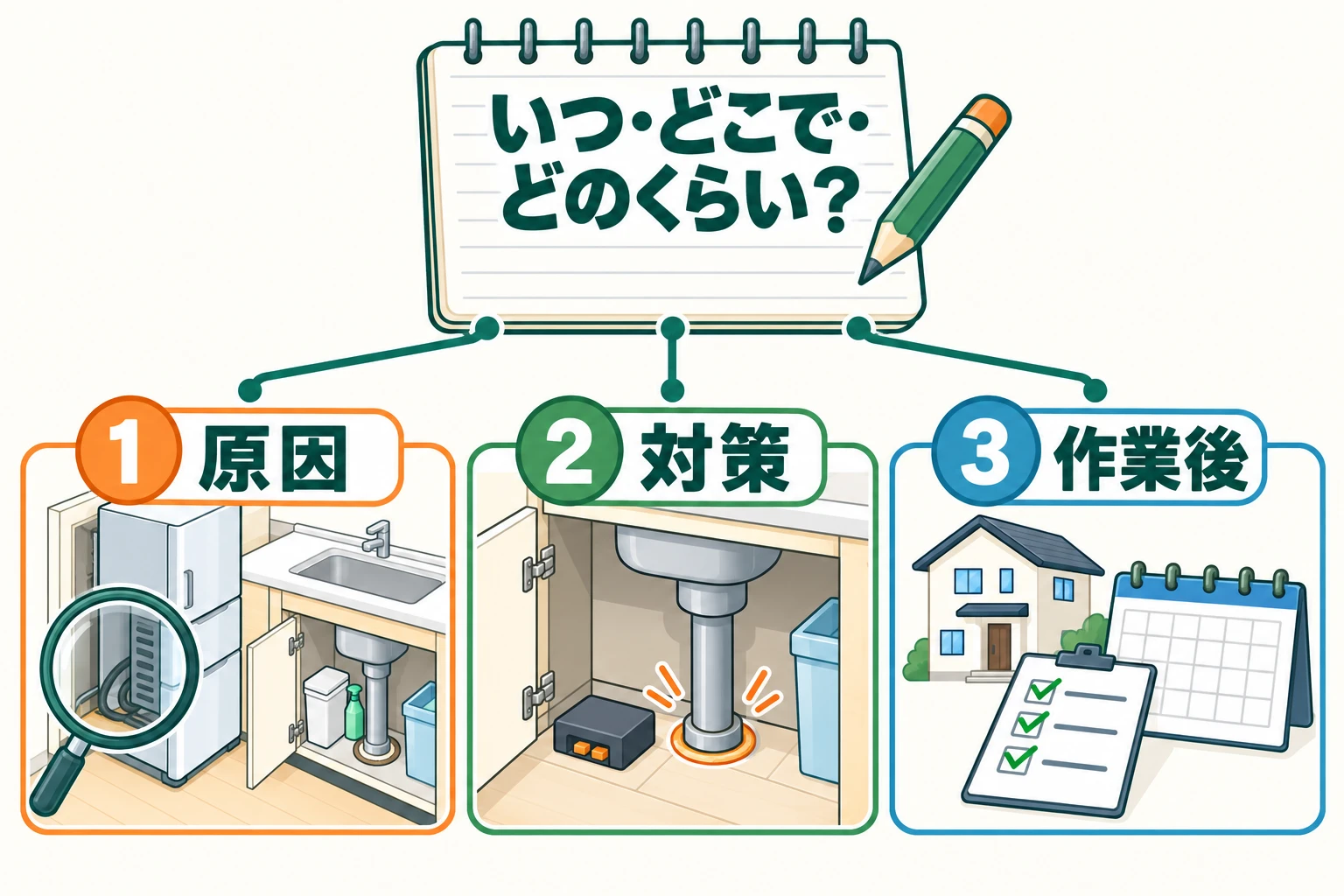 いつ・どこで・どのくらい見たかを伝え、原因、対策、作業後の3点を相談する図。何が原因か、どの場所に何をするか、効果の確認方法と再発したときの対応を聞く。