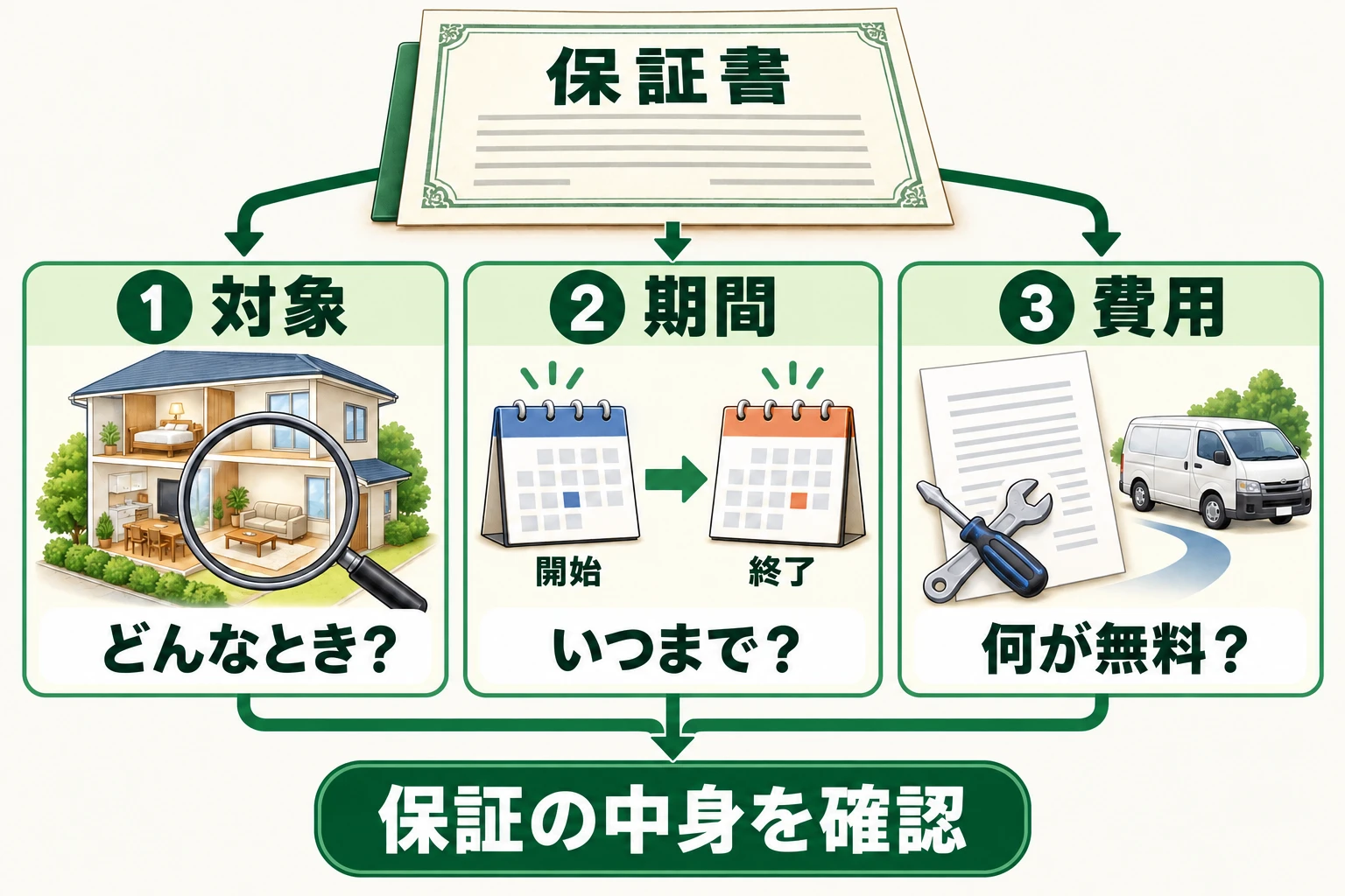保証書から、対象・期間・費用の3点を確かめる図。どんなときに使えるか、いつまでか、何が無料になるかを分けて確認する。保証ありという表示だけで再駆除が無料とは限らない。