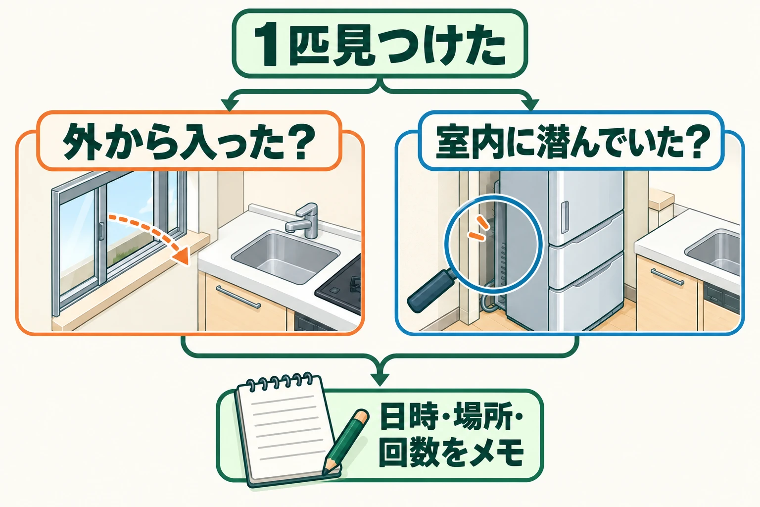 1匹見つけたという事実から、外から入った場合と室内に潜んでいた場合の2つの可能性へ分かれる図。数だけで判断せず、見つけた日時・場所・回数をメモする。