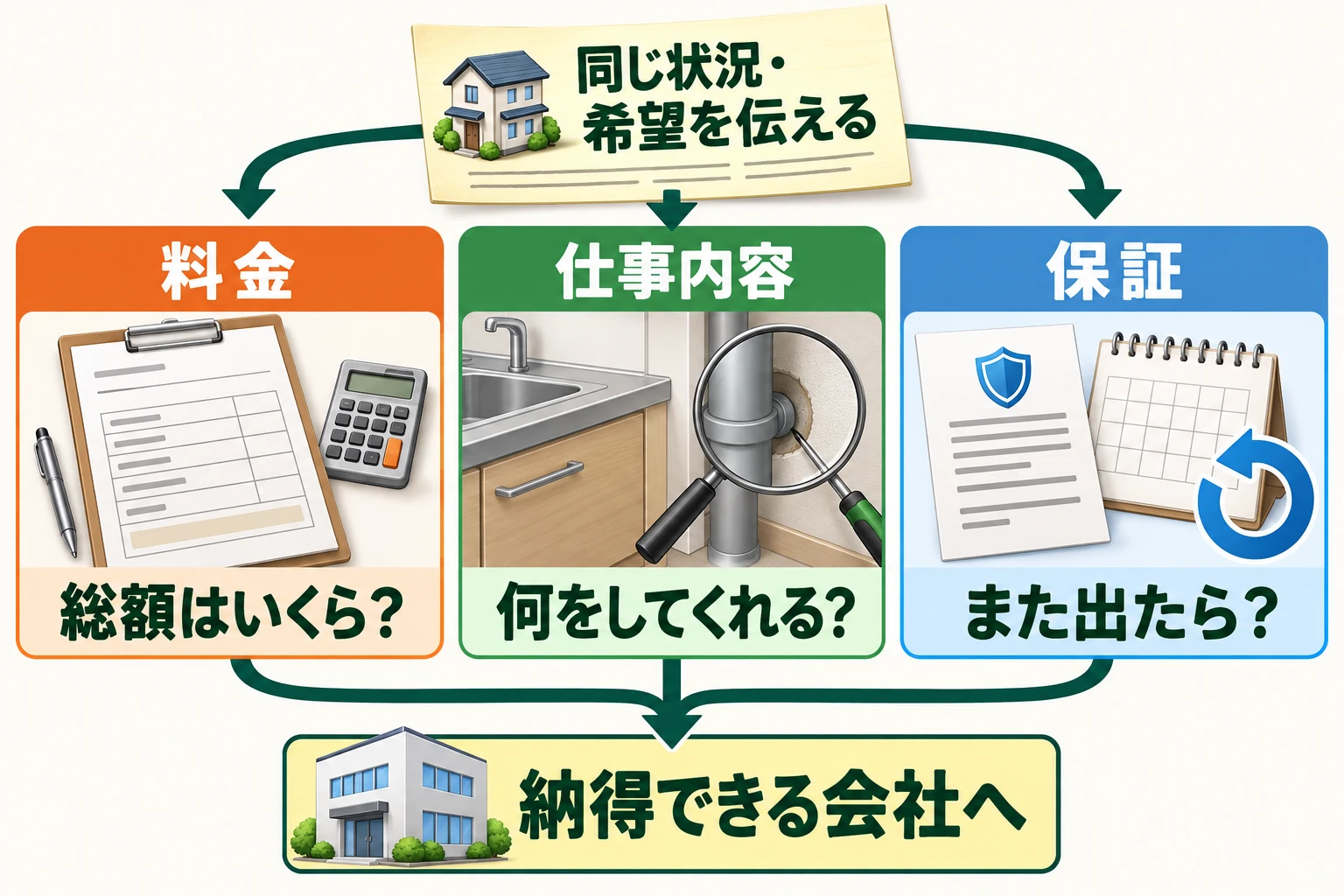 各社に同じ状況と希望を伝え、料金の総額、してもらえる仕事内容、また出たときの保証を比べて、納得できる会社を選ぶ流れ。